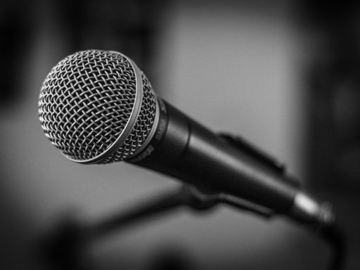 microphone, stage, black-and-white