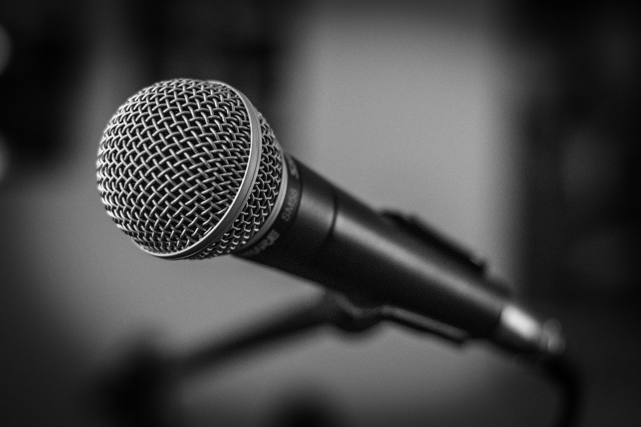 microphone, stage, black-and-white